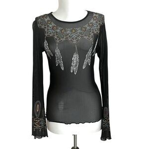 Vintage Y2K Feather Print Sheer Mesh Top S Boho Fairy Grunge Whimsigoth Indie